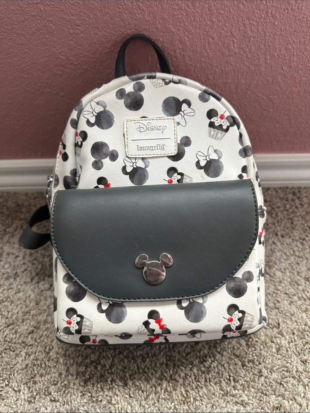 Loungefly Minnie Mouse White & Black Mini Backpack with Red Accents